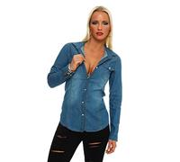 Fashion4Young 11051 Langarm Damen Jeans Bluse Hemdbluse Damenbluse Jeanshemd Jeansbluse (M=38, blau)