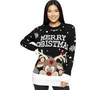FASHIONISM Damen Strickpullover Schneeflocke Rentier mit Bommel Süßer Merry Christmas Strickpullover Sweater, Schwarzer Pullover, 16-18