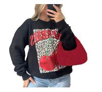 FASHIONISM Damen-Sweatshirt, langärmelig, Kirschen, Leopardenmuster, Rundhalsausschnitt, Freizeitkleidung, Pullover, bedruckt, Größe 36-50, Schwarz , 46-48