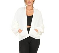 FASHIONISM Kurzer Strick-Cardigan mit Ballonärmeln, übergroße Schultern, offene Vordertasche, Übergröße, passend für Größe 36-40, weiß, One size