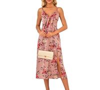 Fashionme Damen Spaghettiträger-Midi-Satinkleid, Schnürung vorne, rückenfrei, geteilt, hohles Kleid, Pink, Groß