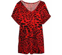 Fashion's island Damen-T-Shirt, einfarbig, V-Ausschnitt, umgeschlagene Ärmel, lockere Freizeitkleidung, rotes leopardenmuster, 38-40