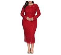 Fasnachtskostüme Damen Body Silber Metallic Damen Spitzenkleid Große Größen Cocktailkleid Langarm Ballkleid Hohe Taille A-Linie Kleid Rundhals Abendkleider Volant Maxikleid Tunika Kleider Rot XL