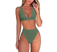 fatty tiger Damen-Bikini-Set, hohe Taille, sexy, brasilianisches Triangel-Oberteil, tiefer V-Ausschnitt, zweiteilig, Badeanzug, Armee-grün, Large