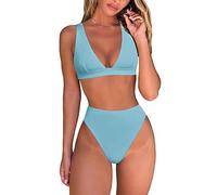 Fatty Tiger Damen-Bikini-Set mit hoher Taille, sexy, brasilianisches Dreieck-Oberteil, tiefer V-Ausschnitt, Zweiteiliger Badeanzug, Hell, blau, Large