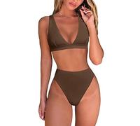 fatty tiger Damen-Bikini-Set mit hoher Taille, sexy, brasilianisches Dreieck-Oberteil, tiefer V-Ausschnitt, Zweiteiliger Badeanzug, Braun, Medium