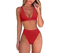 fatty tiger Damen-Bikini-Set mit hoher Taille, sexy brasilianisches Triangel-Top, tiefer V-Ausschnitt, Zweiteiliger Badeanzug, rot, Small