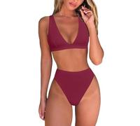 fatty tiger Damen-Bikini-Set mit hoher Taille, sexy brasilianisches Triangel-Top, tiefer V-Ausschnitt, zweiteiliger Badeanzug, Weinrot, Medium