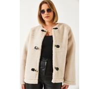 Faux-Fur-Jacke ohne Kragen mit Knopfverschlüssen L