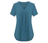 FAWHEWX Damen Casual Sommer Chiffon Tops V-Ausschnitt Kurzarm Shirt Lose Tunika Frauen Einfarbig Slim Fit Basic Kurzarm Shirt(Blau1/3XL)
