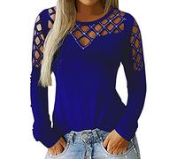FAWHEWX Damen Casual Strass Hohl T-Shirt Tops Rundhals Langarm Nieten Hohl Mode Pullover Sommermode Damen Strass Hohl Langarm T-ShirtLilaGrauSchwarzBlauRotGrün(Blau/XL)