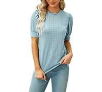 FAWHEWX Damen Casual Tops Rüschen Puff Puff Kurzarm Shirts Rundhalsausschnitt Lose Tunika Top Shirts Damen T-Shirts Elegant Casual Puffärmel Rundhals Öse Business Niedliche Shirts(Blau/XXL)