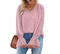 FAWHEWX Damen-Chiffon-Shirt, Langarm, V-Ausschnitt, Hemd, übergroß, Tee-Oberteile, Damenbluse, Elegantes Spitzen-Top, durchsichtiges Ärmel-Shirt, Langarm, Basic-Oberteile, Langarm-Shirt,(Rosa/XXL)