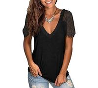 FAWHEWX Damen-Freizeithemden, sexy, tiefer V-Ausschnitt, Oberteile, Spitze, Kurze Ärmel, T-Shirts, Frauen, Sommermode, Spitzenärmel, lockere Passform, Elegante Oberteile, Spitzenhemden,(Schwarz/XXL)