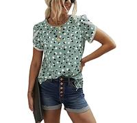 FAWHEWX Damen-Hemden, Sommer, lässig, Rundhalsausschnitt, Spitze, Häkelarbeit, Kurzarm-Hemden, süßer Polka-Dot-Druck, lockere Tunika-Oberteile, Damen, klassisch, Elegante Arbeitshemden(Grün/XXL)