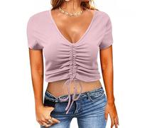 FAWHEWX Damen-Kurzarm-Cropped-Top-T-Shirt mit V-Ausschnitt, Sommer-Casual-Top, Plissiertes Damen-Cropped-T-Shirt mit Kordelzug, einfarbiges Kurzarm-ShirtDamenKordelzug-Slim-Fit-T-Shirt(B-Rosa/S)