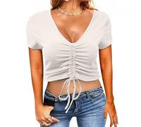 FAWHEWX Damen-Kurzarm-Cropped-Top-T-Shirt mit V-Ausschnitt, Sommer-Casual-Top, Plissiertes Damen-Cropped-T-Shirt mit Kordelzug, einfarbiges Kurzarm-ShirtDamenKordelzug-Slim-Fit-T-Shirt(C-Weiß/S)