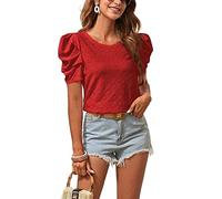 FAWHEWX Damen-Oberteile mit Puffärmeln, Sommerhemden, Rundhalsausschnitt, Ösen-T-Shirts, Kurzarm-Oberteile, lockere Hemden, einfarbig, Elegante Tunika-Hemden(Rot/M)