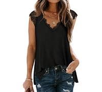 FAWHEWX Damen Sexy Spitzen-Top mit V-Ausschnitt, Sommer-Tank-Top, T-Shirt, ärmellose Tunika, langes Spitzen-Top-Shirt, Damen-Tanktop mit Blumendruck, BasickurzärmeligesTunika-Shirt(T-Schwarz/L)