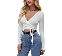 FAWHEWX Damen-Shirt, langärmelig, Kordelzug-Shirt, sexy, Bauchfreies Top, V-Ausschnitt, schmales Top, Pullover, lässiges Temperament, Pendler-Party, Langarm-T-Shirt(Weiß 1/M)