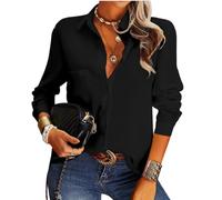 FAWHEWX Damen-Shirt, V-Ausschnitt, Hemd, Langarm, elegant, lässig, Oberteil, einfarbig, Langarm, Revers, Knopf, Hemd, Oberteil, Sommer, Damen, TemperamentPendelnArbeitLangarmshirt(B-Schwarz/XXL)