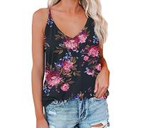 FAWHEWX Damen-Tanktop mit Blumendruck, ärmellos, Camisole, Tunika-Shirt, Sommer-Frauen, süßes ärmelloses Hemd, Hemd, Boho-V-Ausschnitt, Spaghettiträger, modisches Camisole(Schwarz 1/XL)