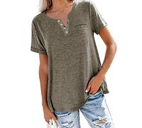 FAWHEWX Damen V-Ausschnitt Button Up Casual Tunika Kurzarm Henley Tee Sommer Damen Button Up T-Shirt Kurzarm Lose Freizeithemden Basic T-Shirt Tops mit Brusttasche(Braun/XXL)