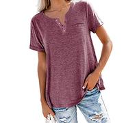 FAWHEWX Damen V-Ausschnitt Button Up Casual Tunika Kurzarm Henley Tee Sommer Damen Button Up T-Shirt Kurzarm Lose Freizeithemden Basic T-Shirt Tops mit Brusttasche(Rot/XXL)