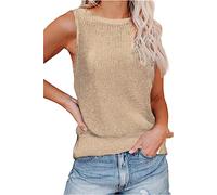FAWHEWX Damen Waffelstrick-Tanktop mit tiefem V-Ausschnitt, ärmelloses T-Shirt, lässig, Sommer, Damen, einfarbig, modisch, Basic, sexy, rückenfrei, lockeres Strick-Tanktop, T-Shirt(B-Khaki/L)