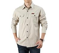 FAWHEWX Herren Button-Down-Hemd, Baumwollwaschung, lässige Langarmjacke, Herren-Langarmshirt mit normaler Passform, lockeres Langarm-Freizeithemd mit Brusttasche,(D-Beige/5XL)