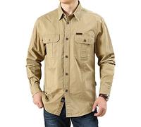 FAWHEWX Herren Button-Down-Hemd, Baumwollwaschung, lässige Langarmjacke, Herren-Langarmshirt mit normaler Passform, lockeres Langarm-Freizeithemd mit Brusttasche,(E-Khaki/3XL)