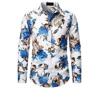 FAWHEWX Herren-Hemd, Bedruckt, langärmelig, Normale Passform, lässig, Button-Down-Kleid, Hemd für Frühling und Herbst, Herren-Hemd mit Blumendruck, langärmelig, Button-Down, Party,(C-Blau/L)