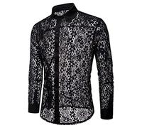 FAWHEWX Herren-Hemd, durchsichtig, Blumenspitze, durchsichtig, Langarm, Button-Down-Hemd, Herren-Club-Hemden, Ganzkörper-Hemd, durchsichtig, Spitze, einfarbig, modisches Design, shemd(B-Schwarz/S)