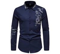 FAWHEWX Herren-Hemd mit Drachen-Stickerei, langärmelig, reguläre Passform, Business-Casual, Button-Down-Hemd, Herren-Freizeithemd, Slim-Fit, Button-Down-Langarm-Kleiderhemd-Oberteil(D-Blau/XXL)