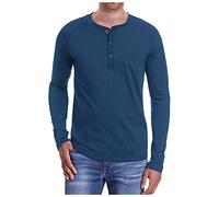 FAWHEWX Herren Henley-Langarm-T-Shirt, lässig, einfarbig, Hemdoberteile, Herren, lässig, schmal, Basic, Henley-Langarm, modisches T-Shirt, Weiß, Khaki, Lila, Grau, Grün, Schwarz,(G-Blau/XL)