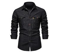 FAWHEWX Herren-Jeanshemd, Stretch-Baumwolle, Reversoberteil, Arbeitshemd, Knopfhemd, Jeansjacke, Muskel-Slim-Fit, Herren-Denim, bügelfrei, lässig, einfarbig, bügelfrei, Langarmhemd(A-Schwarz/5XL)