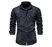 FAWHEWX Herren-Jeanshemd, Stretch-Baumwolle, Reversoberteil, Arbeitshemd, Knopfhemd, Jeansjacke, Muskel-Slim-Fit, Herren-Denim, bügelfrei, lässig, einfarbig, bügelfrei, Langarmhemd(B-Blau/XXXL)