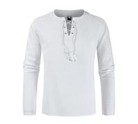FAWHEWX Herren Lässiges Baumwoll- und Leinenhemd Langarm V-Ausschnitt Schnür-Hippie-Strandhemd V-Ausschnitt Henley-Hemd Herren Leinenhemd Traditionelles Retro-Stil Schnür-Langarmhemd(EIN weißer/M)