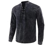 FAWHEWX Herren Langarm Henley Classic Lace Up Mid-Century Vintage Herrenhemd Lose Henley Stehkragen Kordelzug Henley Leinen Baumwolle Hippie Opa Hemd mit Brusttasche(A-Schwarz/4XL)
