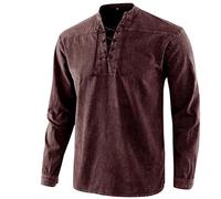 FAWHEWX Herren Langarm Henley Classic Lace Up Mid-Century Vintage Herrenhemd Lose Henley Stehkragen Kordelzug Henley Leinen Baumwolle Hippie Opa Hemd mit Brusttasche(F-Rot/3XL)