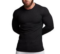 FAWHEWX Herren Muscle Fit Langarm T-Shirt Stretch Knit Langarm Fitness Workout T-Shirt Sport Lässig Einfarbig Basic Herren Strick Slim Fit Langarm T-Shirt Pullover(D-Schwarz/XXL)