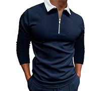 FAWHEWX Herren-Poloshirt mit Reißverschluss, schmale Passform, lässiges Kurzarm-Golfshirt, Kontrast-Sweatshirt, Herren-Langarm-Poloshirt, lässiges Slim-Fit-Basic-Baumwollhemd(D-Blau/XL)
