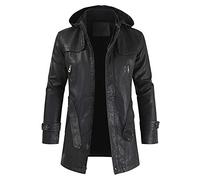 FAWHEWX Herren PU-Kunstleder-Motorrad-Pilotenmantel mit Kapuze, lässiger Retro-Motorrad-Ledermantel mit Kapuze, extra lang, lockerer Fleece-Winterpelzmantel mit Gürtel,(Schwarz/XXL)