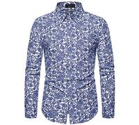 FAWHEWX Herren Regular Fit Blumen Businesshemd Langarm Knopfdruck Freizeithemd Herren Blumenhemd Langarmhemd Gemustert Paisley Freizeithemd Langarm Freizeithemd Mehrfarbig(D-Blau/L)
