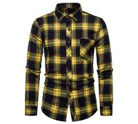 FAWHEWX Kariertes Freizeithemd für Herren, reguläre Passform, Langarmhemd, Kariertes Hemd für Herren, schmales, langärmliges, lässiges Oktoberfest-Karohemd mit Brusttasche,(P-Gelb/L)