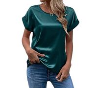 FAWHEWX Seidenhemd Damen Kurzarm Rundhals Satin Hemd Lose Tunika Tops Sommer Frauen Elegant Rundhals Kurzarm Satin Seidenhemd T-Shirt Oberteil(Grün/2XL)