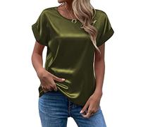 FAWHEWX Seidenhemd Damen Kurzarm Rundhals Satin Hemd Lose Tunika Tops Sommer Frauen Elegant Rundhals Kurzarm Satin Seidenhemd T-Shirt Oberteil(Grün/2XL)