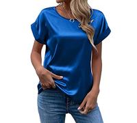 FAWHEWX Seidenhemd Damen Kurzarm Rundhals Satin Hemd Lose Tunika Tops Sommer Frauen Elegant Rundhals Kurzarm Satin Seidenhemd T-Shirt Oberteil(Blau/2XL)