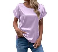 FAWHEWX Seidenhemd Damen Kurzarm Rundhals Satin Hemd Lose Tunika Tops Sommer Frauen Elegant Rundhals Kurzarm Satin Seidenhemd T-Shirt Oberteil(Lila/XL)