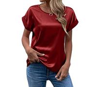 FAWHEWX Seidenhemd Damen Kurzarm Rundhals Satin Hemd Lose Tunika Tops Sommer Frauen Elegant Rundhals Kurzarm Satin Seidenhemd T-Shirt Oberteil(Rot/S)